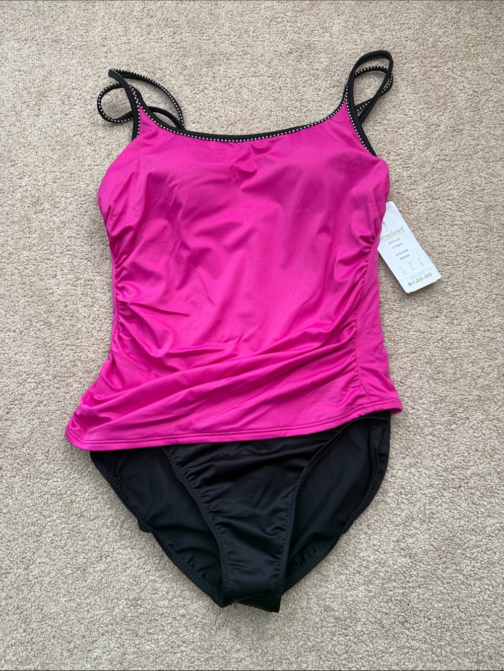 NWT Miraclesuit Square Neck Wireless Fuchsia Pink Black One Piece Swimsuit 14L